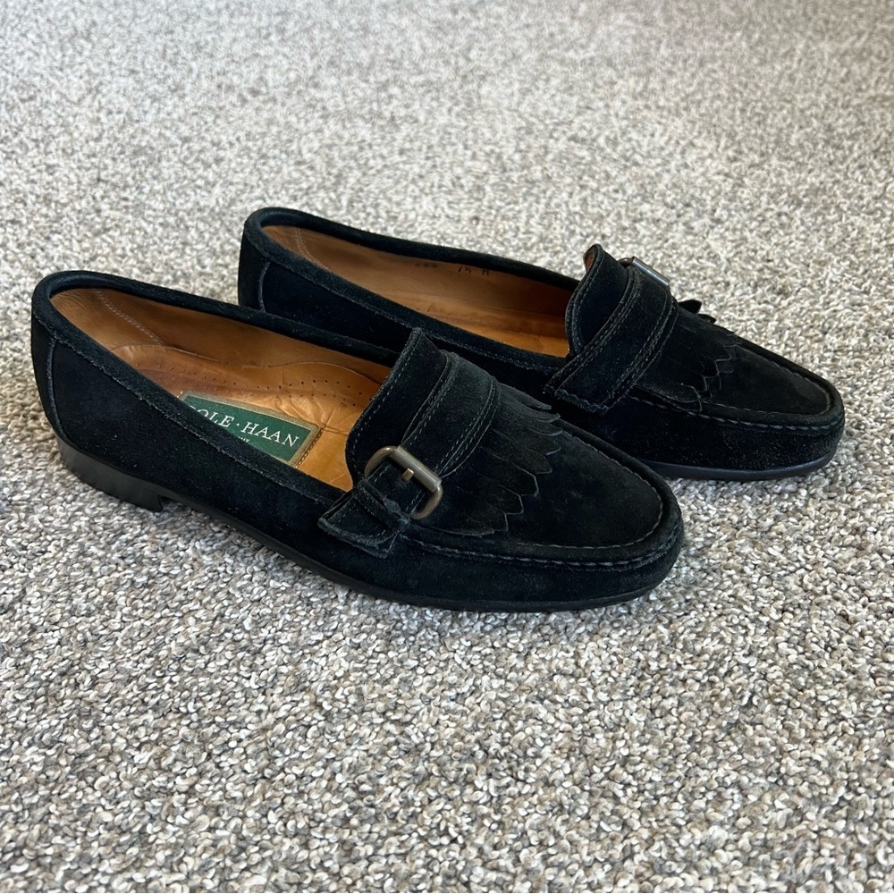 Cole Haan Black‎ Suede Buckle Fringe Penny Loafer Made in Italy, Size 7.5